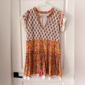 CHARLEE Floral Boho Lace Trim Yellow and White Cotton Dress